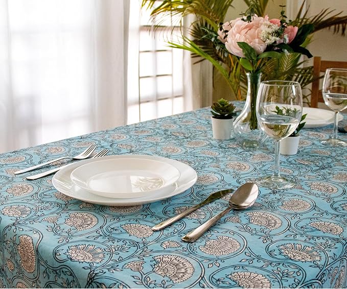 Sky Blue Block Print Table Cloth- 60x90 Inch Rectangle 100% Cotton Handmade Pre-Shrink, Washable for Spring, Kitchen & Dining Perfect for Patio, Indoor & Outdoor, Farmhouse