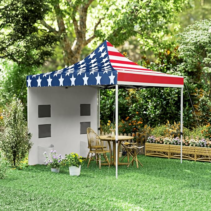 Outsunny 10' x 10' Heavy Duty Pop Up Canopy Tent with Sidewall and Trash Bags, UPF50+ Instant Sun Shelter, Height Adjustable, with Wheeled Bag, Sand Bags for Outdoor, Patio, American Flag Print