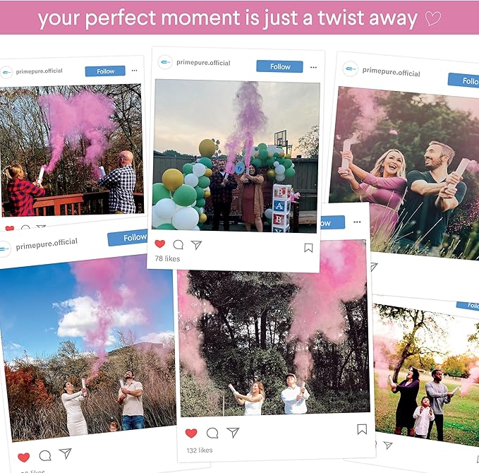 PrimePure Gender Reveal Confetti Cannon - Biodegradable Powder Cannons Smoke Bomb - Pink, 2 Pack - Party Poppers Baby Powder Pink Confetti Poppers for Baby Girl Gender Reveal Party