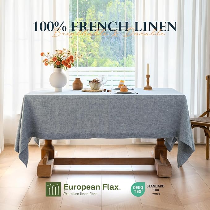 Linen World Yarn-Dyed Linen Tablecloth 60x108inch, Denim Look Table Cover, 100% French Linen Chambray Blue, Soft & Breathable Natural Flax, Washed Table Cloth for Dining & Everyday Use