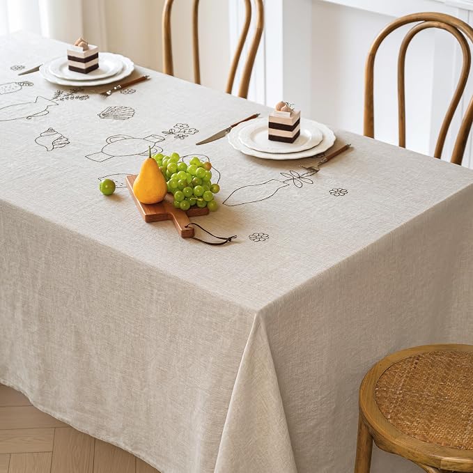 Linen World Embroidered Linen Tablecloth Large 70x157inch,100% French Linen Pre-Washed Table Cloth,Natural Flax Table Cover for Elegant Dining,Fruit Embroidery