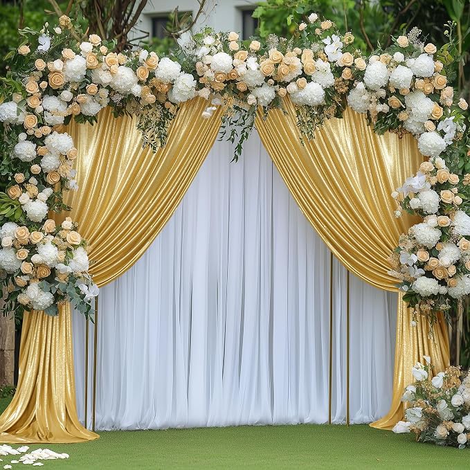 gogoparti 30x14FT Gold Sequin Backdrop Curtain - 6 Panels of 5x14FT Wrinkle-Free Reusable Glitter Drapes for Photography, Weddings, Birthdays & Parties