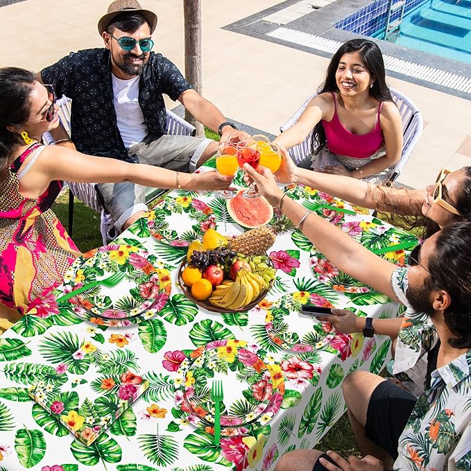 QZYL 122Pcs Luau Party Decorations, 30 Sets Paper Luau Plates and Napkins, Disposable 9" and 7" Hawaiian Party Decorations, Rectangle Hibiscus Palm Leaf Tableware for Summer Holiday Hawaiian Supplies