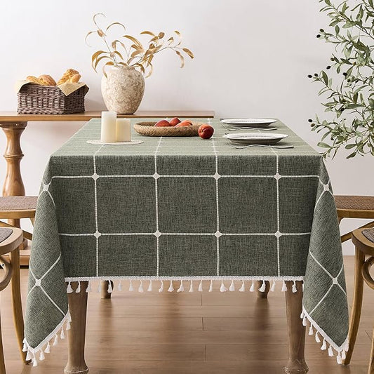 ZeeMart Boho Grid Table Cloth with Tassels (Olive, 60" x 60"), Heavy Weight Linen Checked Embroidered Farmhouse Tablecloth, Water Resistant Square Olive Green Tablecloths