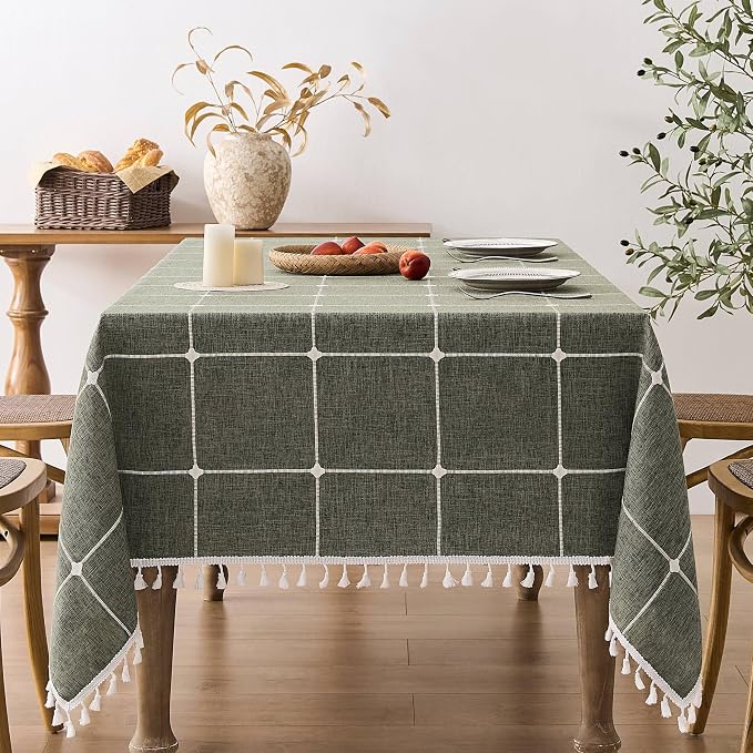 ZeeMart Boho Grid Table Cloth with Tassels (Olive, 60" x 84"), Heavy Weight Linen Checked Embroidered Farmhouse Tablecloth, Water Resistant Rectangle Olive Green Tablecloths