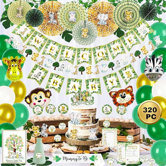 320-Piece Jungle Safari Baby Shower Decorations Kit for Boy or Girl | Gender Neutral Animal Theme Decor with Balloons, Banners, Garland, Fans, Sash, Cake Topper, Games, Stickers, Cutouts, Ivy Vines
