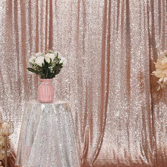PartyDelight Rose Gold Sequin Backdrop Curtains 6x8ft | 3mm stitched sequin curtain with 4 inch rod pocket for 6x8ft photo booth wall ceremony backdrop party wall and stage display