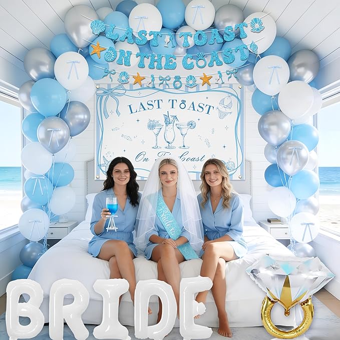 THAWAY Last Toast on The Coast Bachelorette Party Decorations - 139Pcs Coastal Blue Bridal Shower Decor Set with Backdrop, Tablecloth, Balloon Arch Kit, Bride Veil & Sash for Beach Wedding Decorations
