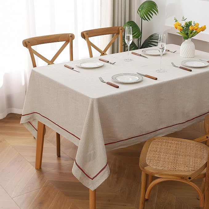 Linen World Hemstitch Linen Tablecloth,100% Natural French Flax,60x90Inch Handcrafted Natural-Rust Linen Table Cloth,Tabletop,Table Cloths for Kitchen,Dining,Daily Use
