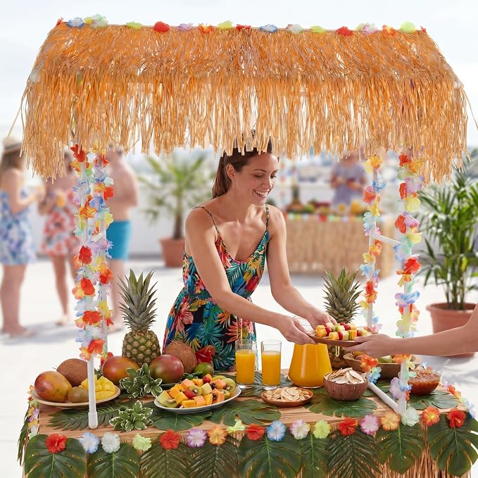 8 Pcs Tiki Bar Stand Supplies Tiki Hut Decorations Hawaii Luau Party Decorations with 1 Set White Plastic Stand 1 Thatch 2 Monstera Leaf Banners 4 Tinsel for Summer Party Supplies Outside Patio
