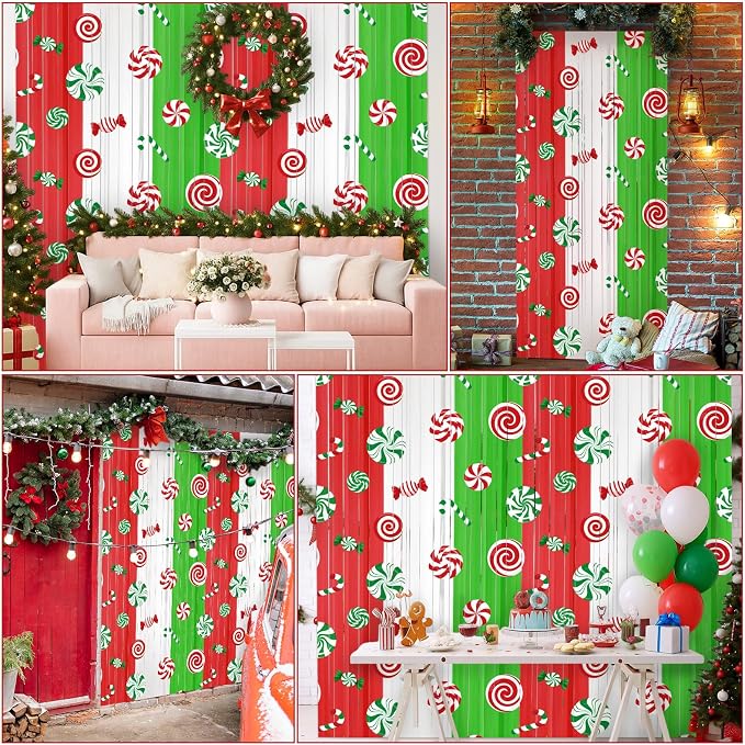 Blosssound 4 Packs Christmas Party Decorations 3.3 x 6.6 ft Candy Cane Theme Foil Fringe Curtain Xmas Holiday Tinsel Streamers for Xmas Winter Holiday Baby Shower Decoration(4 Packs, Christmas Candy)