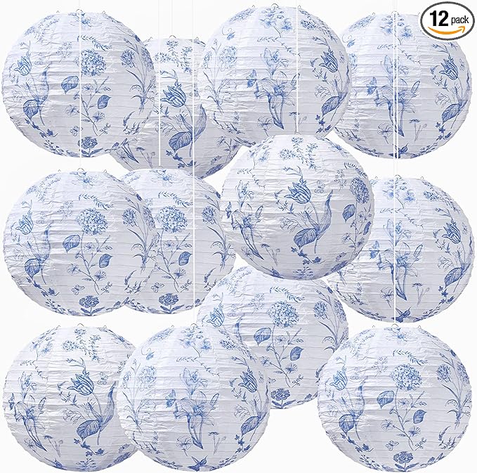 Honoson 12 Pcs Chinoiserie Paper Lanterns Blue and White Floral Chinoiserie Party Decorations Hanging 10 Inch Chinese Lanterns for Spring Wedding Bridal Shower Baby Shower Tea Party Decorations