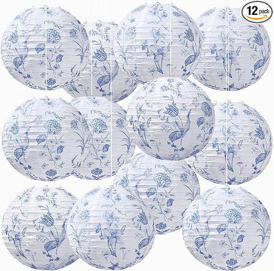 Honoson 12 Pcs Chinoiserie Paper Lanterns Blue and White Floral Chinoiserie Party Decorations Hanging 10 Inch Chinese Lanterns for Spring Wedding Bridal Shower Baby Shower Tea Party Decorations