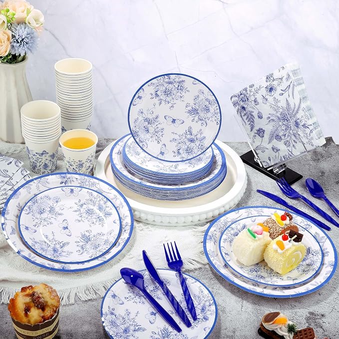 Kochorie 400 Pieces Blue and White Flower Disposable Party Tableware Sets Including Plates Cups Napkins Cutlery Serves 50 for Wedding Birthday Baby Shower Party Decorations