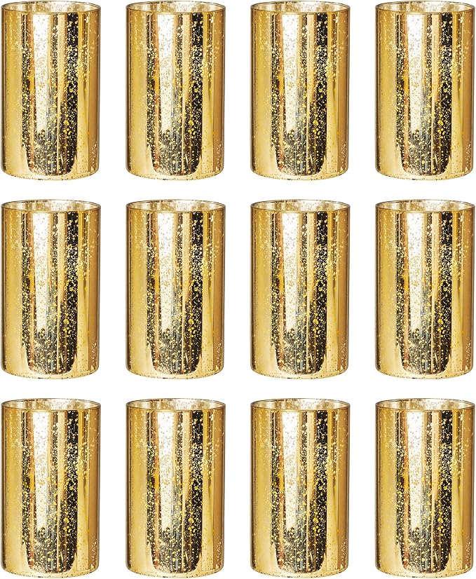 Willceka Gold Cylinder Vases for Centerpieces, Modern Glass Vase Set of 12 Decorative Hurricane Candle Holder for Pillar Candle Holders Flowers for Table Centerpiece