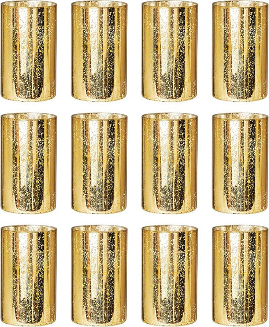 Willceka Gold Cylinder Vases for Centerpieces, Modern Glass Vase Set of 12 Decorative Hurricane Candle Holder for Pillar Candle Holders Flowers for Table Centerpiece