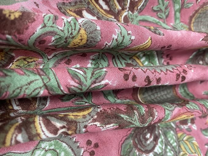 Ridhi Round Tablecloth Hand Block Print Cotton Reusable Coral Pink & Forest Green 110 Inch Table Cover Decorative Everyday Use for Dining, Home, Party, Wedding Gift for Spring, Easter, Valentine