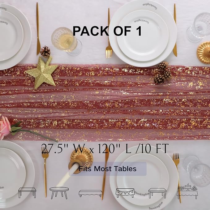 Snowkingdom Burgundy Gold Gauze Table Runner 10 Ft, Glitter Sheer Metallic Foil Sparkly Table Decor Centerpiece for Wedding, Party, Bridal Shower, Banquet, Elegant Dinner Anniversary Holiday Birthday