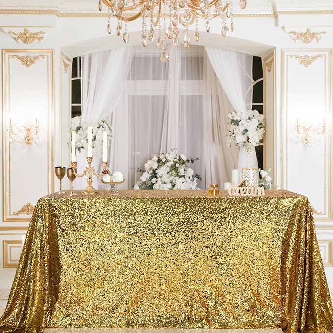 B-COOL Rectangle Sequin Tablecloth Party Decorations: 90x132 Inch Black Gold Table Cloth Large Glitter Fabric Overlay for Indoor Outdoor Dining Wedding Parties Home