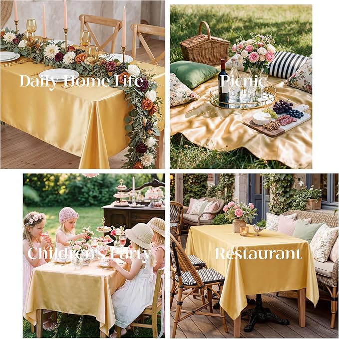 4 Pack Gold Satin Tablecloth 58 x 102 Inches, Rectangular Satin Table Cloths for Wedding Reception, Birthday Party, Graduation & Holiday Banquet Tables