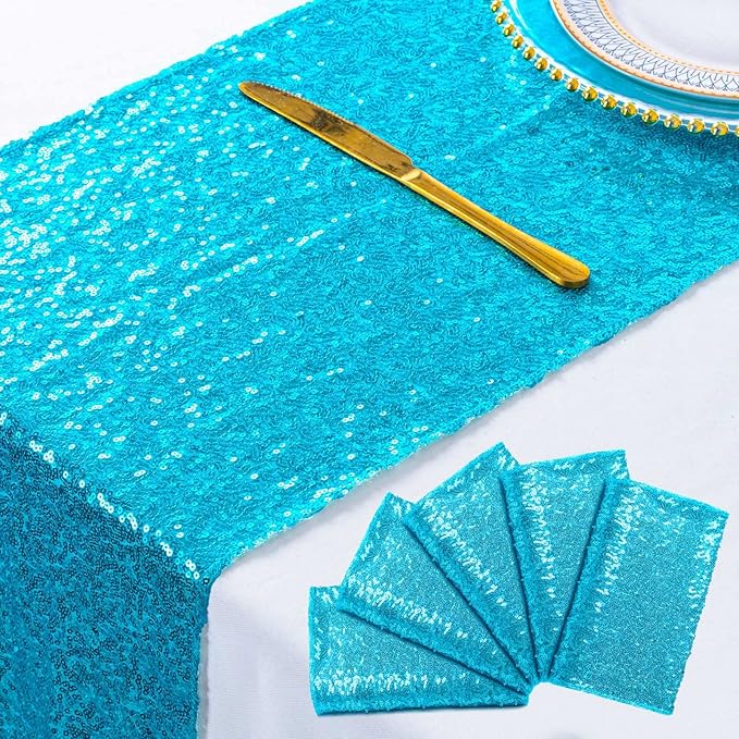 ShinyBeauty Turquoise Sequin Table Runner 12x108-Inch Wedding Shower Decorations Aqua Runner-Pack of 5 Linen Table Runner 108 Inches Long Birthday Table Runner for Party Baby Shower Decor