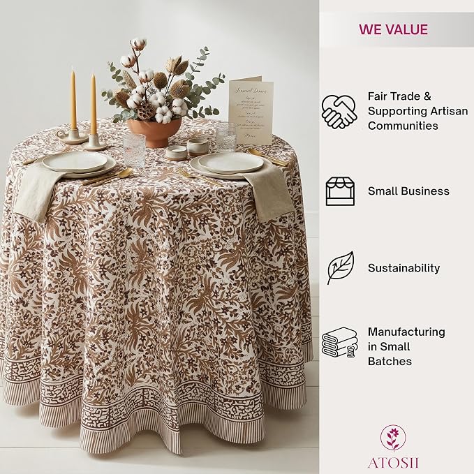 ATOSII Nargis Cider 100% Cotton Round Boho Fall Tablecloth, Handblock Floral Table Cloth Linen for Kitchen Dining I Parties Weddings Outdoors Picnics Easter Mothers Day I 60" Inches Round I 4 Seater