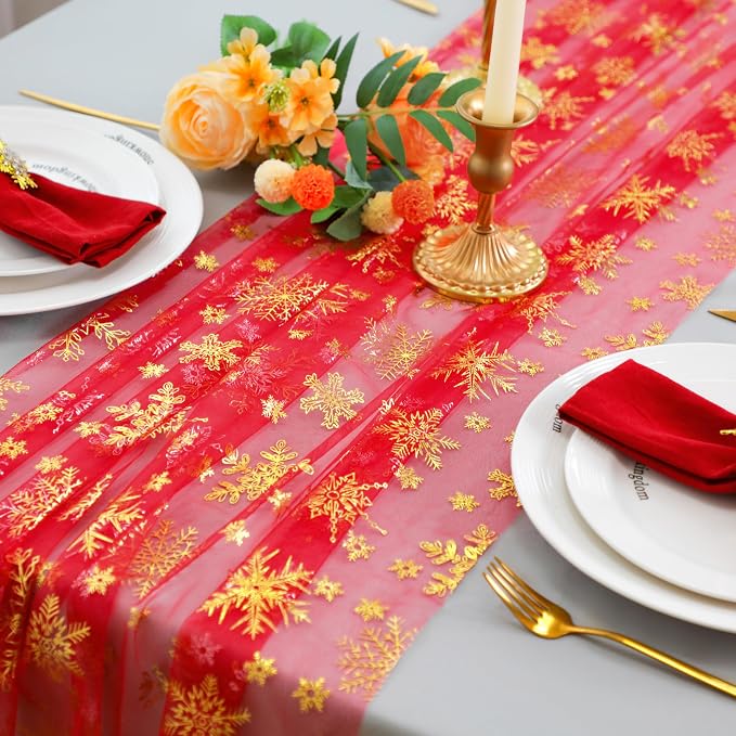 Snowkingdom Red Table Runner, 120 Inches Long Sheer Tulle with Gold Snowflake for Winter Holiday Wedding Home Party Table Decor