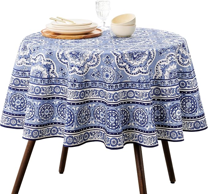 Maison d' Hermine Table Cloth Round Table 100% Cotton 69 Round Inches Tablecloth Reusable Decorative for Dining Kitchen Room Farmhouse Party Home Hotel Restaurant Spring Summer - Melodie Bleue