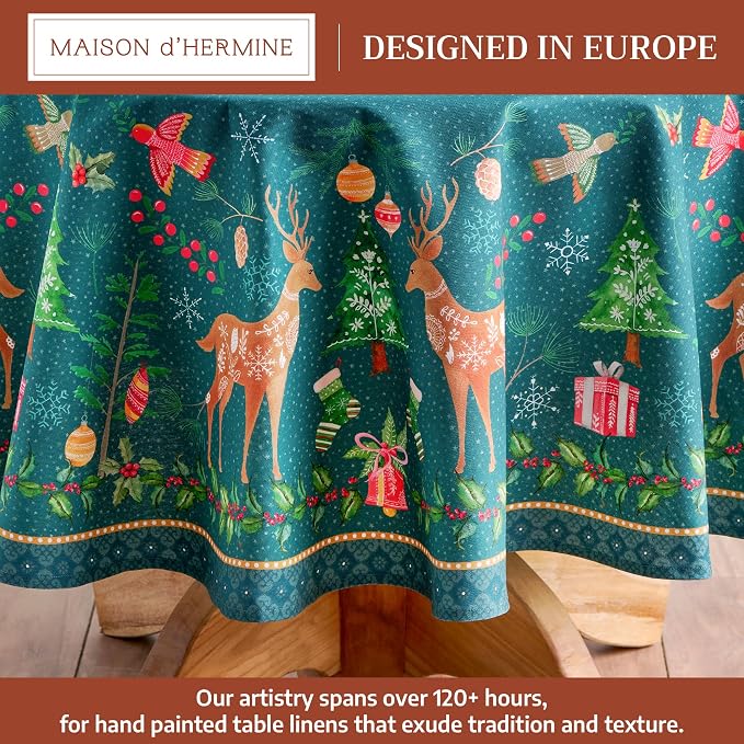 Maison d' Hermine Table Cloth Round Table 100% Cotton 63 Inches Fall Tablecloth Reusable Everyday Use for Thanksgiving Christmas Decorations Dining Farmhouse Party (Hygge Christmas)