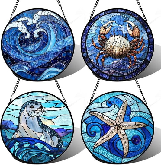 DASTOLL Stained Glass Window Hanging 4 Pcs Set Blue Ocean Waves 7.8" - Starfish Crab Seal Suncatcher Door Garden Sun Catcher Decor Birthday for Mom Woman Nana Men Friend