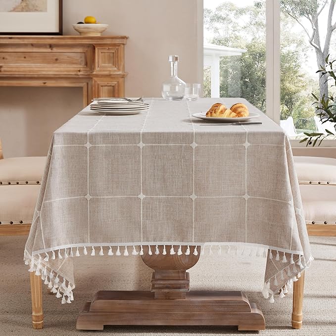 ZeeMart Boho Grid Table Cloth with Tassels (Taupe, 60" x 120"), Heavy Weight Linen Checked Embroidered Farmhouse Tablecloth, Water Resistant Rectangle Beige Tablecloths