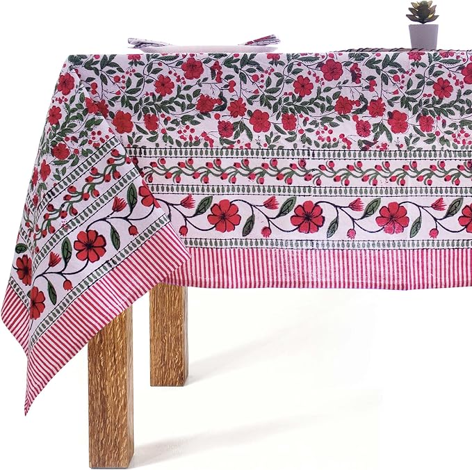 Chirstmas Red Block Print Table Cloth- 60x108 Inch Rectangle 100% Cotton Handmade Pre-Shrink, Washable for Spring, Kitchen & Dining Perfect for Patio, Indoor & Outdoor, Farmhouse