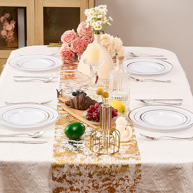 Fijinhom 200PCS Silver Plastic Plates, Disposable Plates with 100PCS 10" Dinner Plates & 100PCS 7" Dessert Plates for 100 Guests, Plastic Party Plates for Wedding, Birthday, Silver