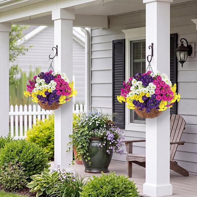 Artificial Flowers for Outdoors with Baskets Hanging Plant Faux Flowers UV Resistant Fake Silk Morning Glory with Eucalyptus for Planter Porch Garden Home Spring Summer Decoration(Mixed 4 colors)