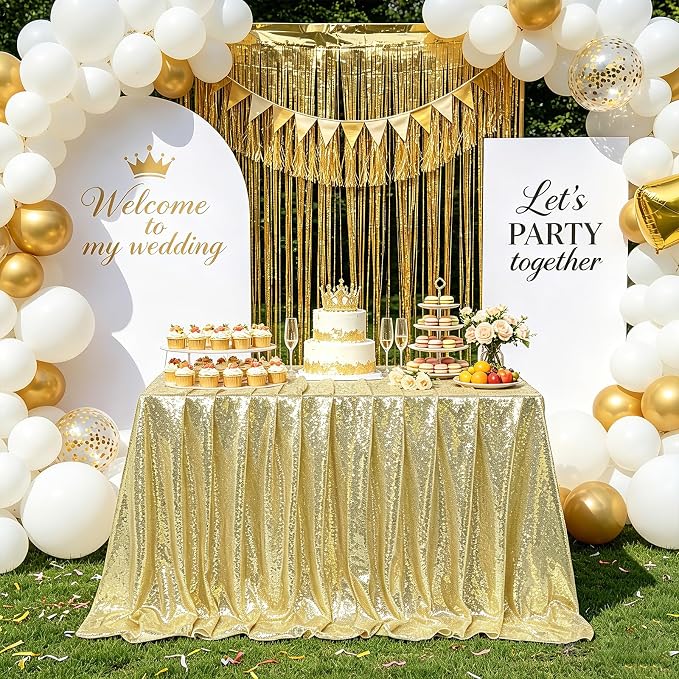 MoKoHouse Sequin Tablecloth Rectangular 90x132 Inch Light Gold Table Cloth Seamless Glitter Fabric for Home Party Wedding Decor Christmas Decorations