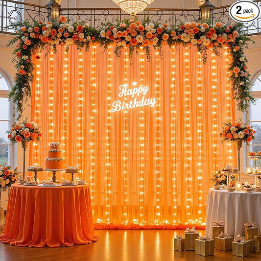 10ft x 8ft Orange Tulle Photo Backdrop Curtain with Lights String for Halloween Party Orange Sheer Curtain Backdrop Drapes for Birthday Party Wedding Photo Booth Background Home Room Decorations