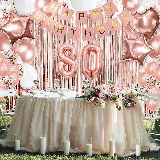 255 Pcs Rose Gold 80th Birthday Decorations for Women – Party Decoration Supplies Kit with “Happy Birthday” Banner, Balloons, Crown, Sash, Cake Topper, Tableware & Fringe Curtain for 25 Guests
