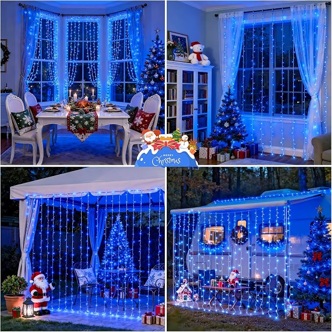 JMEXSUSS 300LED Blue Curtain Lights, Christmas Lights with Remote, Hanging String Lights for Bedroom Wall Window Backdrop Garden Indoor Outdoor Patio Yard Decorations, 9.8x9.8ft