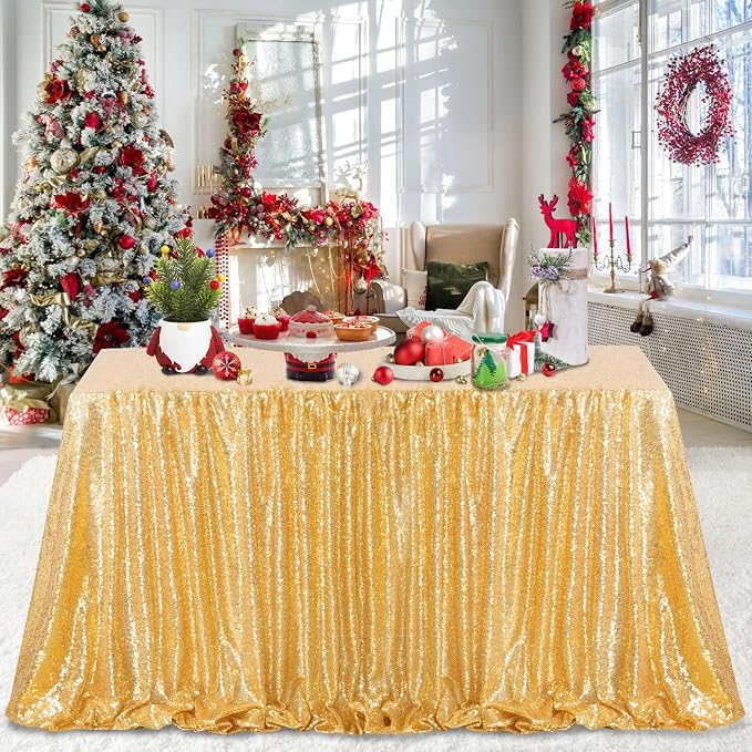MoKoHouse Gold Sequin Tablecloth Rectangle 50" x 80" Glitter Table Cloth Sparkly Fabric for Halloween Birthday Parties Cake Dessert Table Decorations