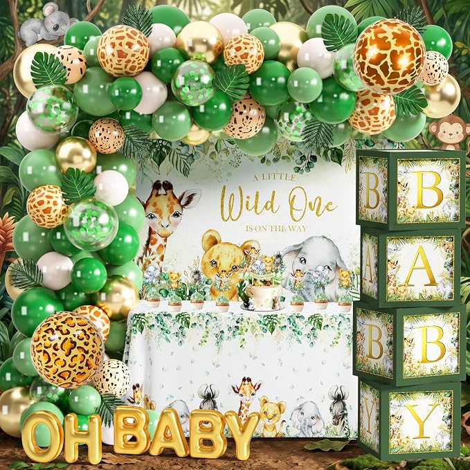 JOPHMO Safari Baby Shower Decorations for Boy - 116 Pcs Wild One Birthday Decorations Jungle Theme Baby Shower Decorations Boy with Balloon Arch Kit, Wild One Backdrop, Tablecloth and Baby Boxes