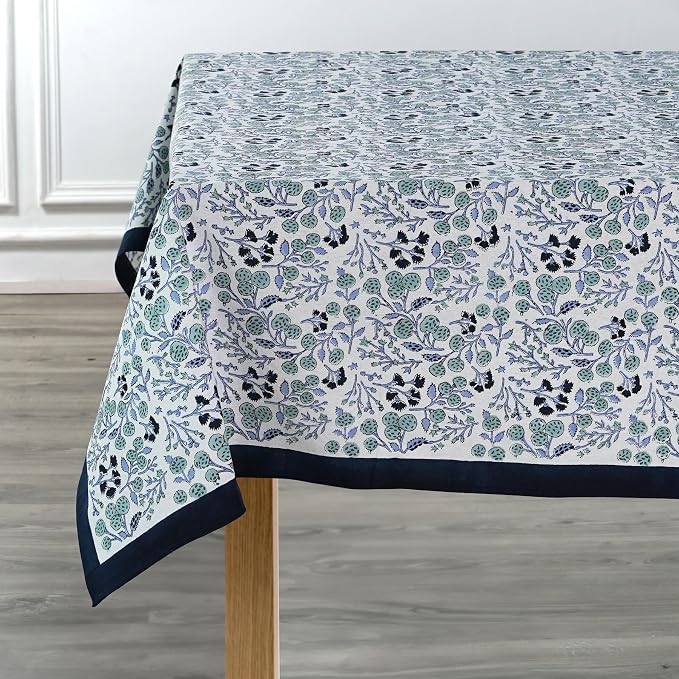 Ridhi Denim Blue Hand Block Print Cotton Rectangle Tablecloth 102" x 48" inches Reusable Table Cover Decorative Everyday Use for Dining Room, Farmhouse, Home Gift for Spring, Mother's Day