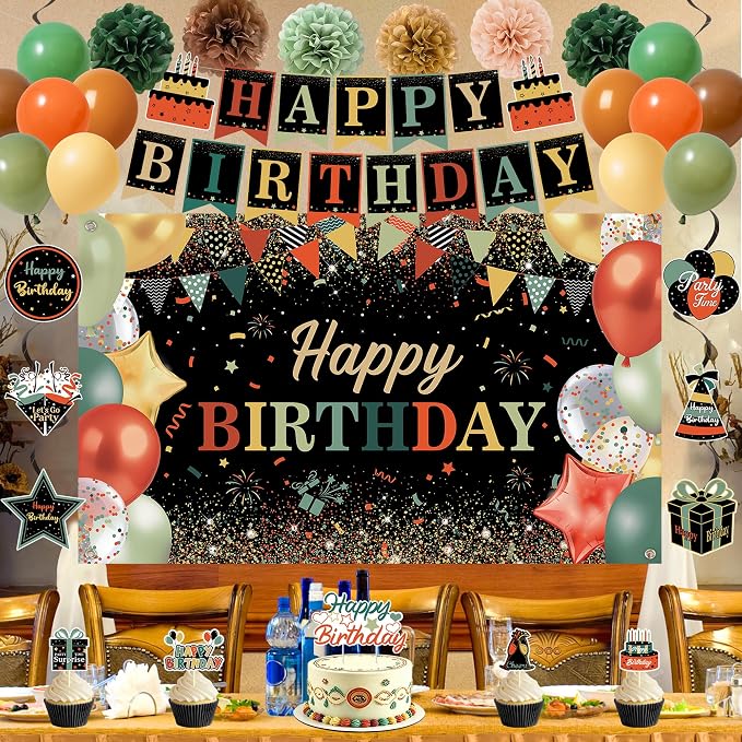 DARUNAXY Colorful Birthday Party Decorations Set | Happy Birthday Banner & Sash, Balloons Pom Poms Cake Topper Decor, Birthday Gifts Party Supplies for Men Women Boys Girls