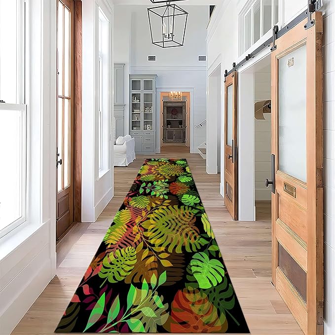 Washable Runner Rug, 3.3x10ft, 3D Printing Summer Tropical Jungle Green Leaf Rugs Plants Palm Tree Leaf Non Slip No Shedding Rugs, Indoor Floor Rug Nature Botanical Entryway Rug for Bedroom Kitchen