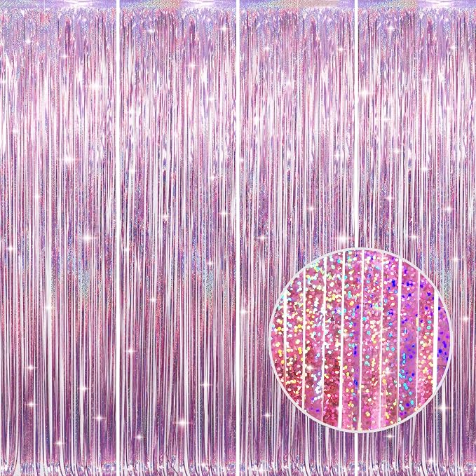 GOER 3.2 ft x 9.8 ft Metallic Tinsel Foil Fringe Curtains Party Photo Backdrop Party Streamers for Birthday,Graduation,New Year Eve Decorations Wedding Decor(4 Packs,Laser Pink)