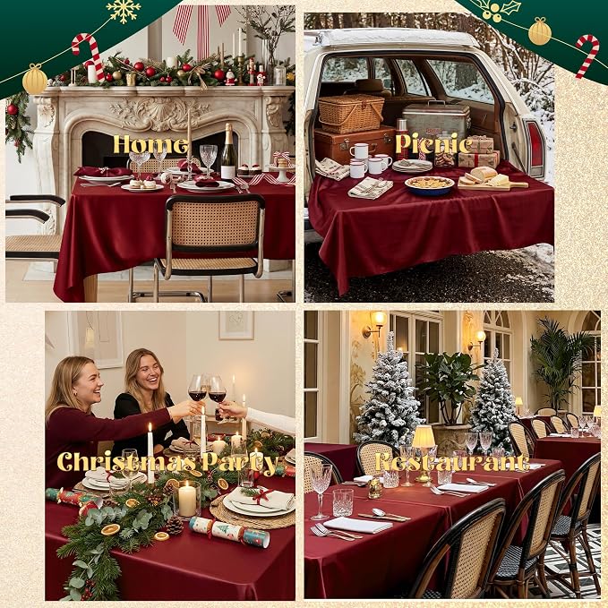 4 Pack Burgundy Satin Tablecloth 58 x 102 Inches, Rectangular Satin Table Cloths for Wedding Reception, Birthday Party, Graduation & Holiday Banquet Tables