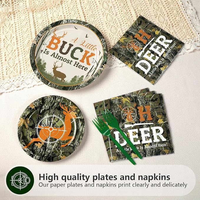 Grencian 96Pcs Hunting Deer Camo Baby Shower Supplies Oh Deer Plates and Napkins A Little Buck is Almost Here Tableware for Outdoor Camping Picnic Hunting Themed Baby Shower Decorations Serves 24