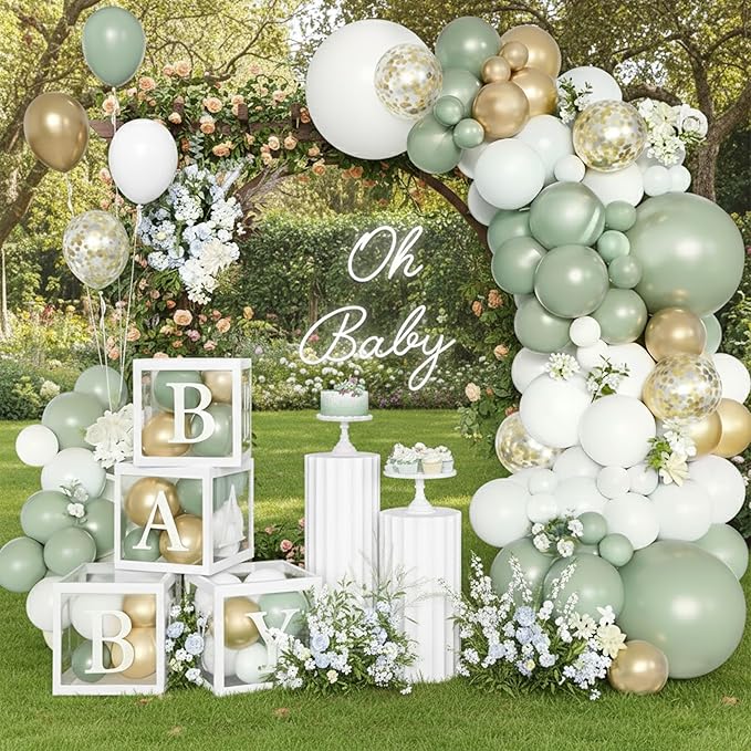 148Pcs Sage Green Baby Shower Decorations - Gender Neutral Party Supplies - Olive Green Gold White Balloon Garland Arch Kit with 4 Baby Boxes for Boy Girl Jungle Safari Backdrop