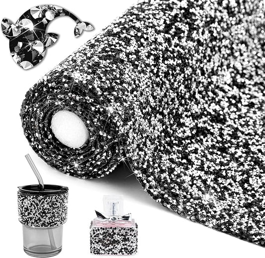 Locacrystal Bling Resin Rhinestone Sticker DIY Car Decoration Stickers Self-Adhesive Hotfix Glitter Crystal Gem Sheet Stickers for Car & Crafts Decoration(Sliver Black,9.4"x63")