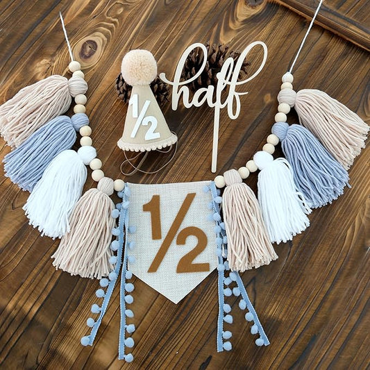 1/2 Birthday Boy Decorations Half Way to One Baby Boy Decorations 6 Months Birthday Cone Hat Blue 1/2 Pastel High Chair Banner Cake Topper Happy Half Year Party Photoshoot Props