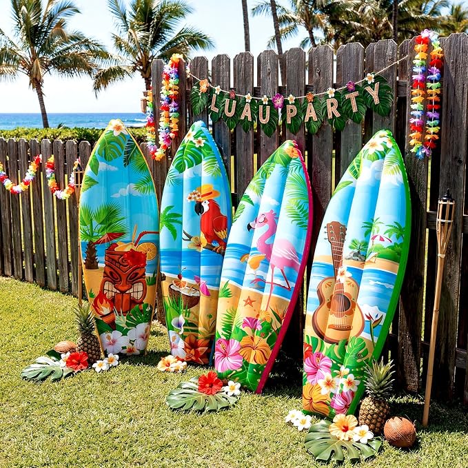 JellyArch 4 Pcs Hawaiian Inflatable Surfboard Tropical Flamingos Hawaiian Luau Party Decorations Blow up Pool Floats Surfboard Prop Wall Decor Palm Tree Summer Tiki Bar Pool Beach Party Decorations